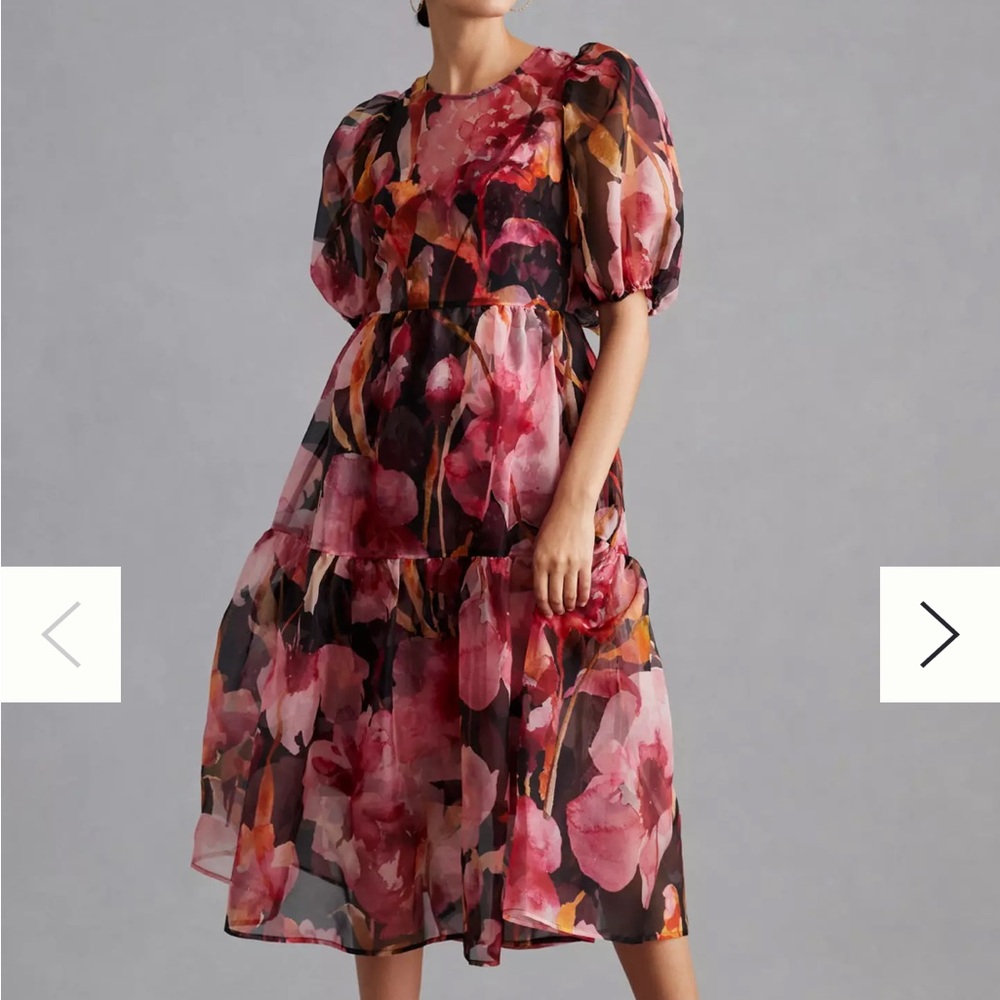 Anthropologie Silk Floral Midi Dress Puff Sleeve Tiered Keyhole Back Size S